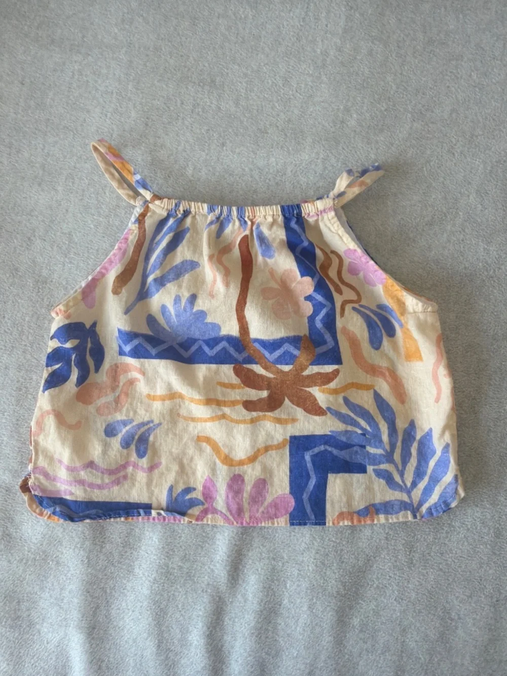 Zara Girls’ Linen Tank Top with Bold Tropical Pattern in Blues, Pink, and Browns